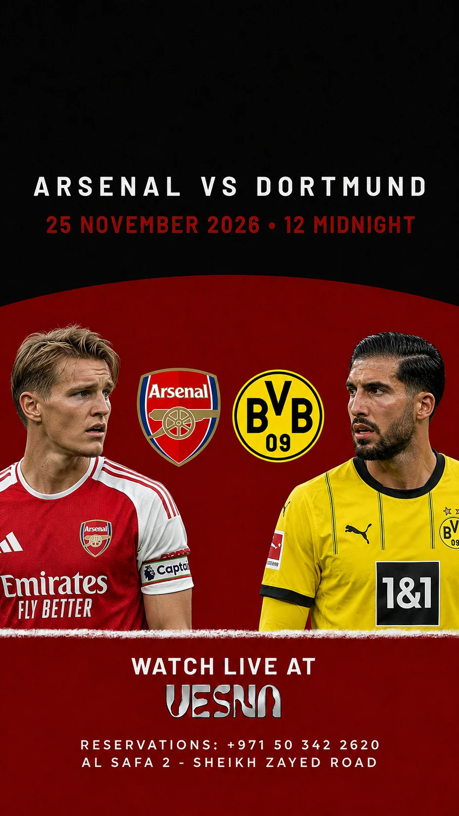 Arsenal vs Borussia Dortmund screening at Vesna in Dubai on 2026-11-25 at 00:00.