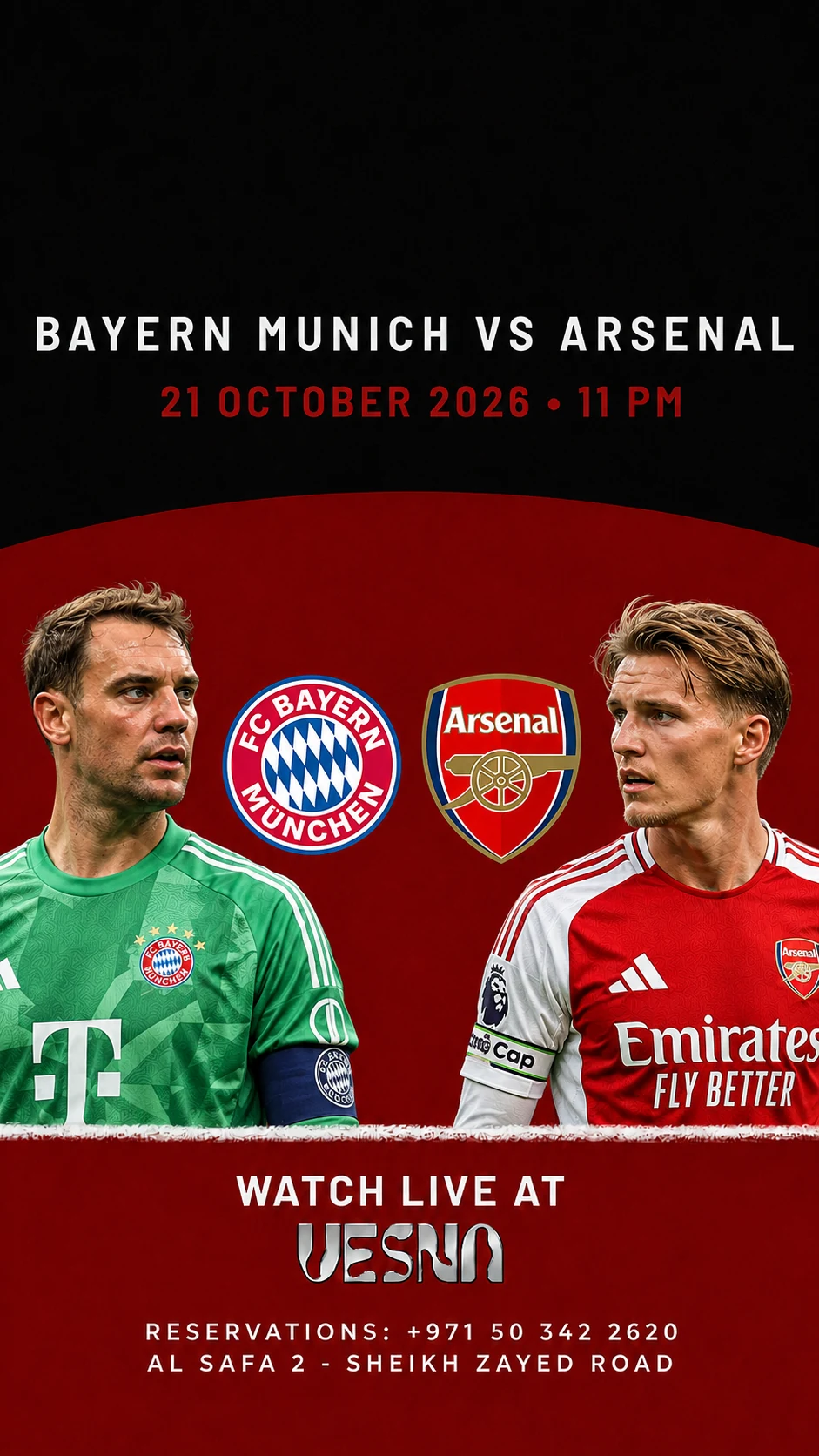 Bayern Munich vs Arsenal screening at Vesna in Dubai on 2026-10-21 at 23:00.