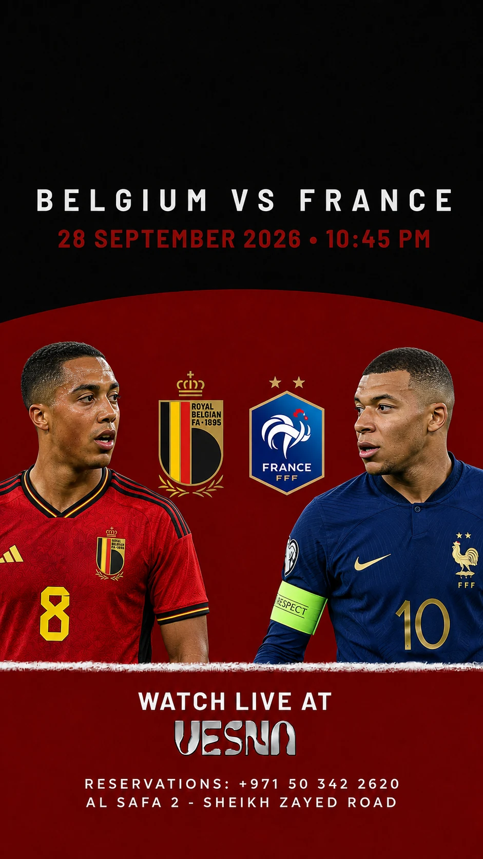 Belgium vs France screening at Vesna in Dubai on 2026-09-28 at 22:45.