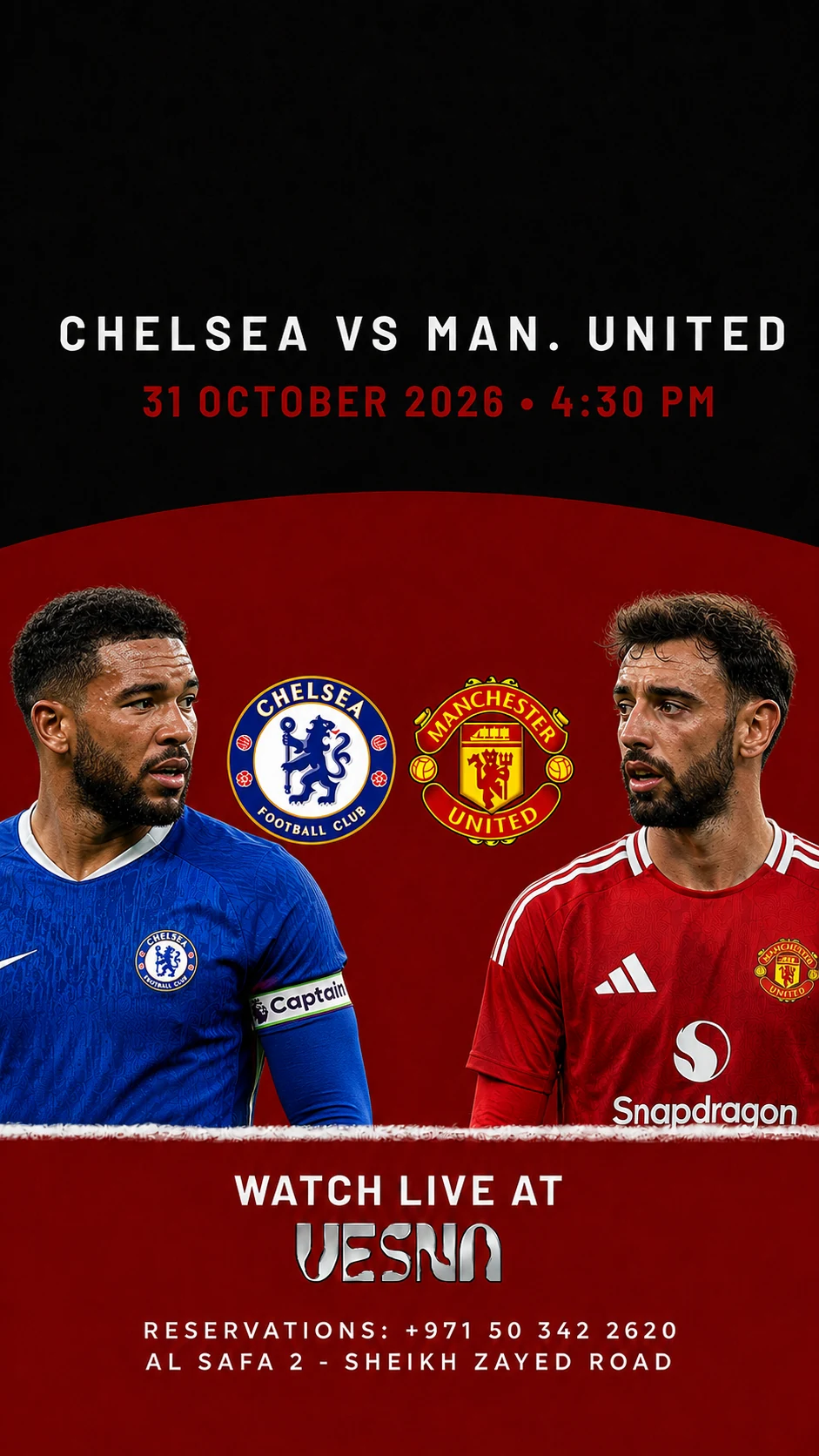 Chelsea vs Manchester United screening at Vesna in Dubai on 2026-10-31 at 16:30.