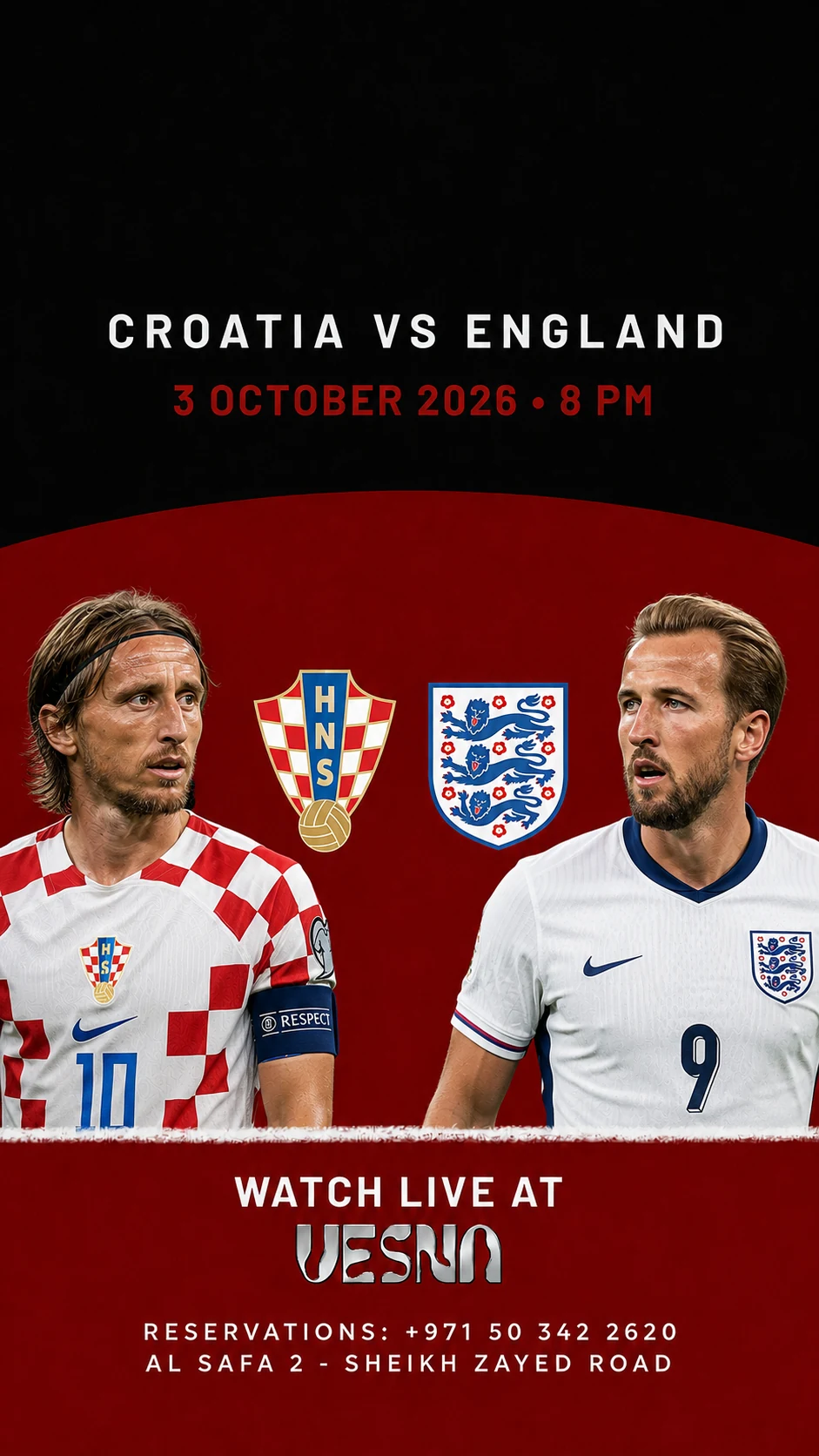 Croatia vs England screening at Vesna in Dubai on 2026-10-03 at 20:00.
