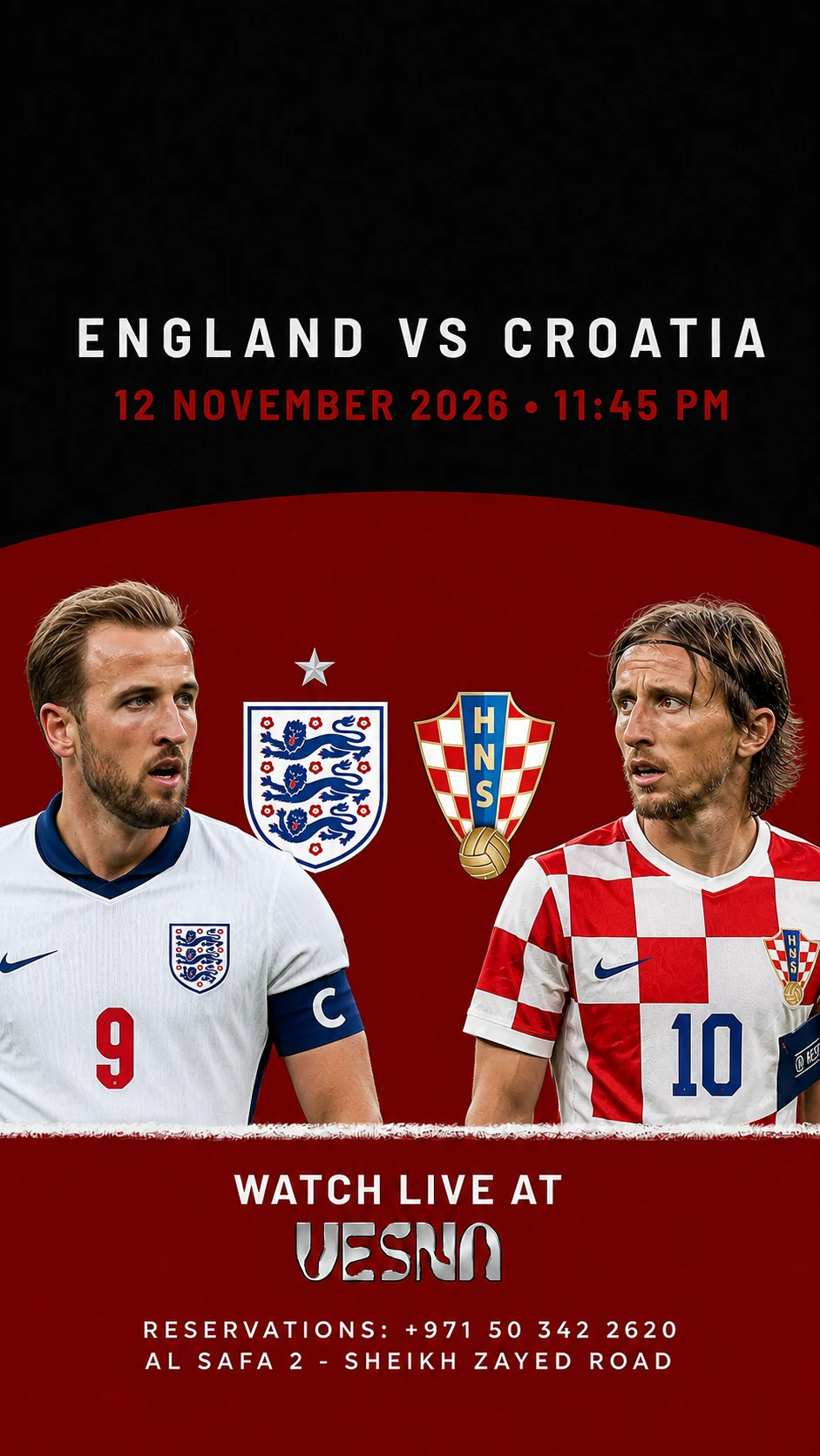England vs Croatia screening at Vesna in Dubai on 2026-11-12 at 23:45.