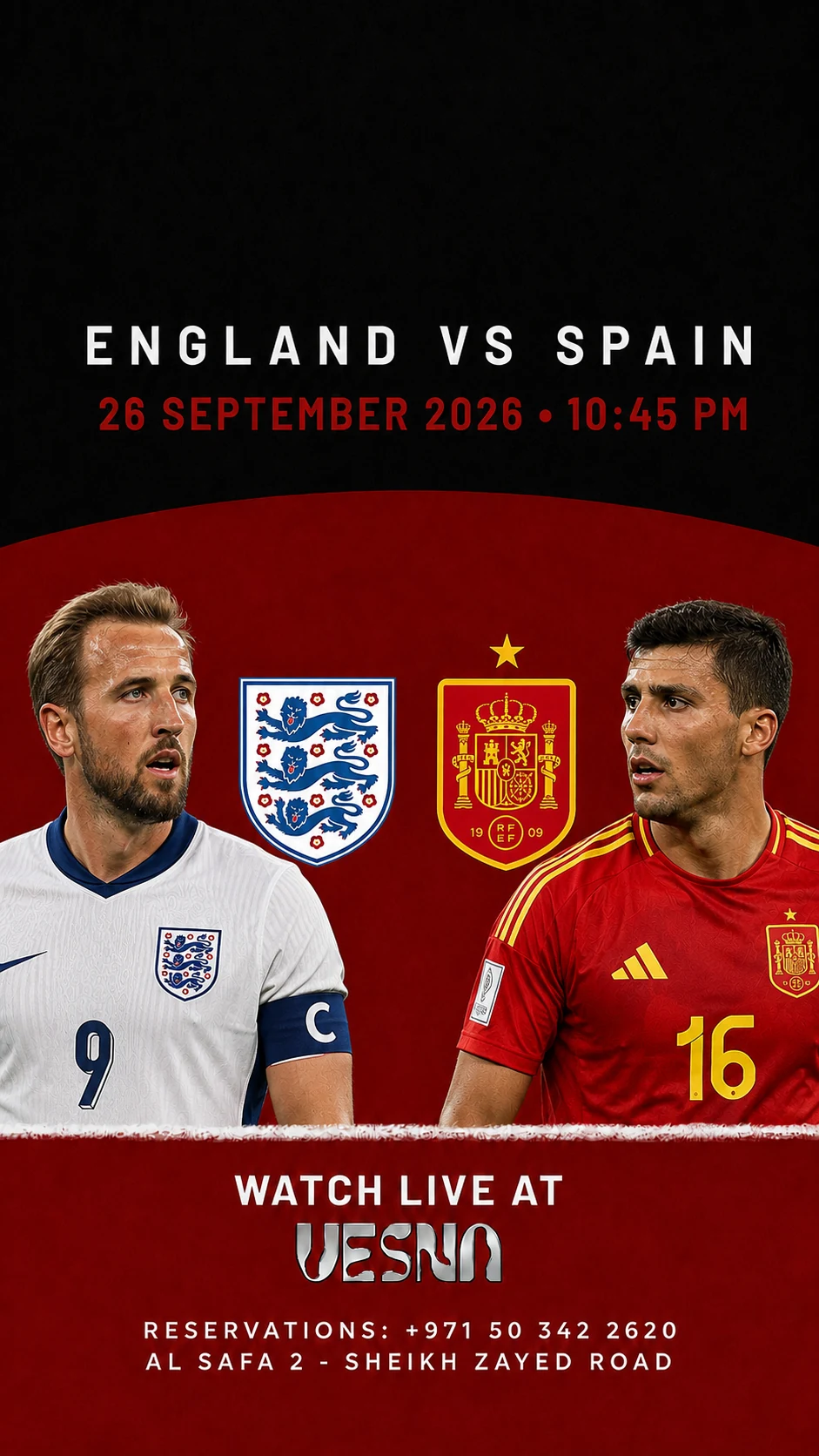 England vs Spain screening at Vesna in Dubai on 2026-09-26 at 22:45.