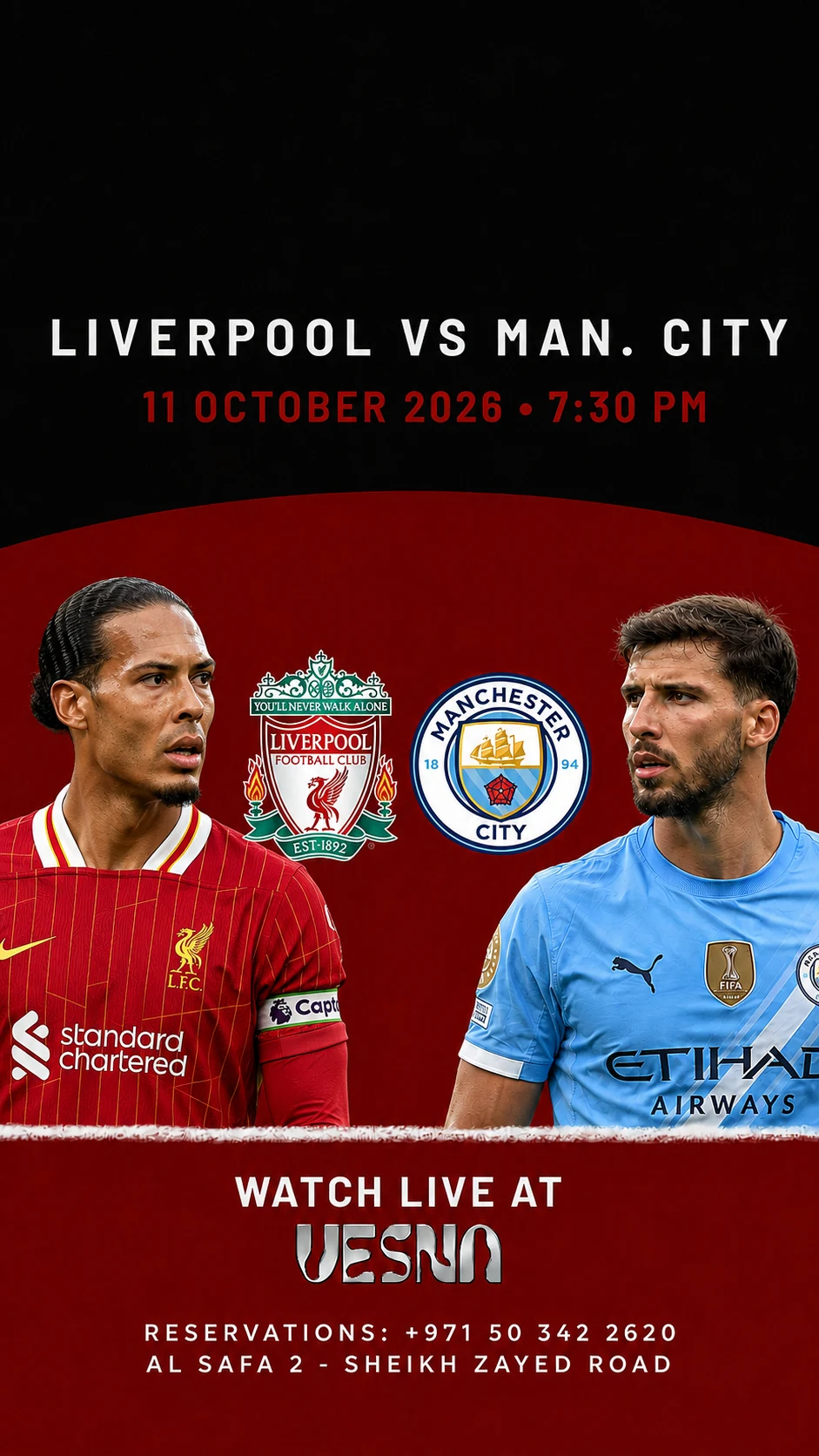 Liverpool vs Manchester City screening at Vesna in Dubai on 2026-10-11 at 19:30.