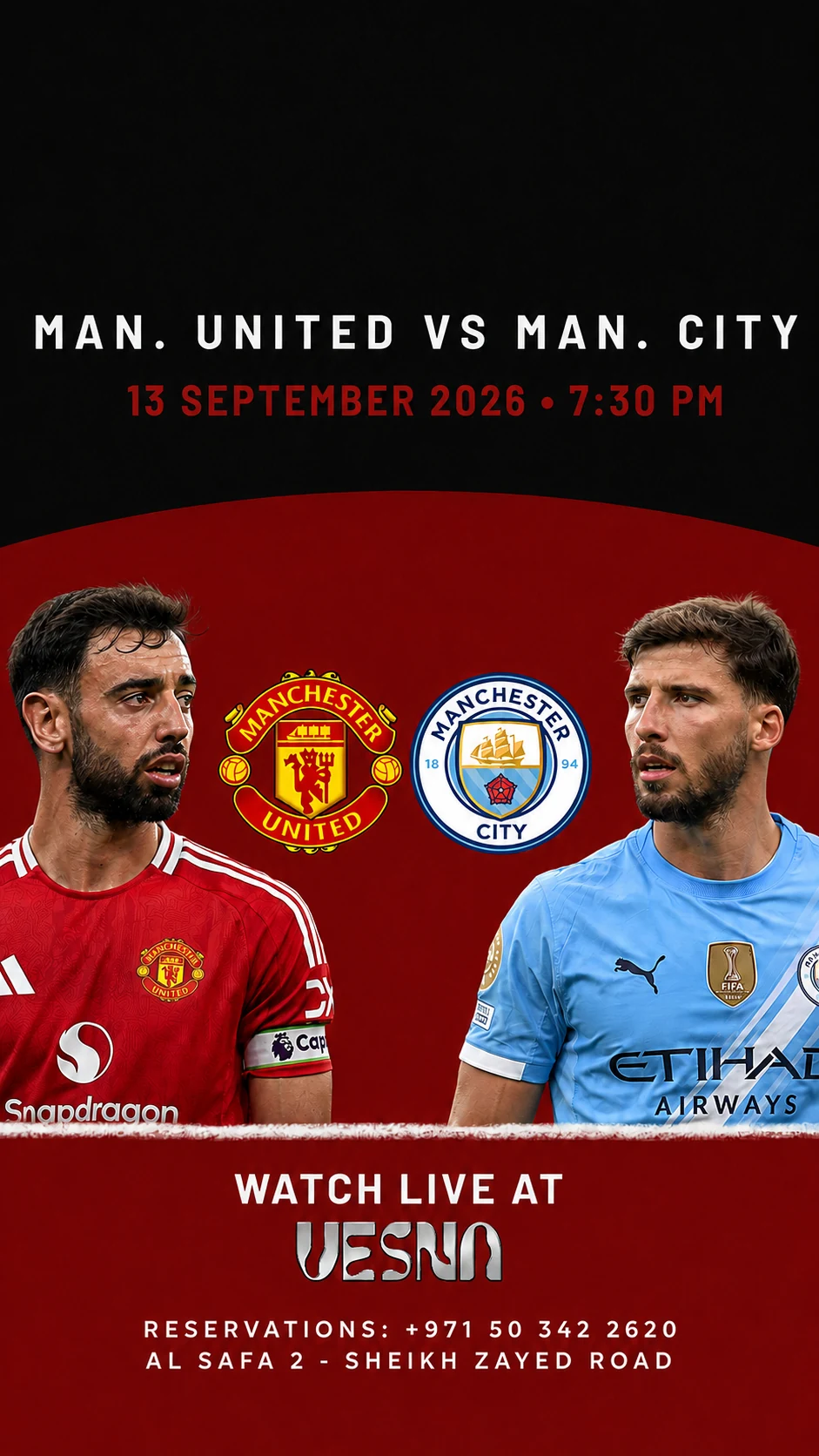 Manchester United vs Manchester City screening at Vesna in Dubai on 2026-09-13 at 19:30.