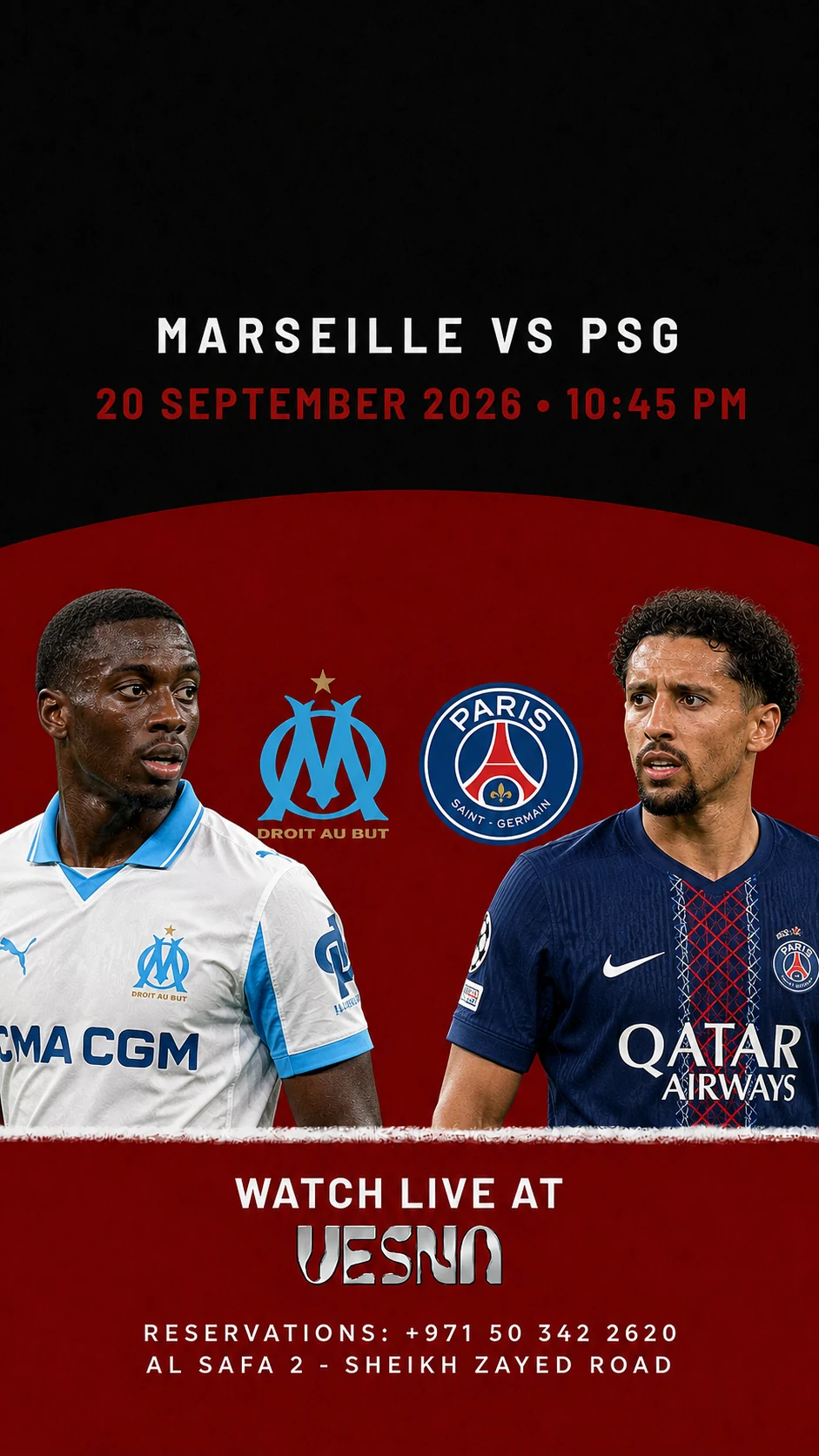 Marseille vs Paris Saint-Germain screening at Vesna in Dubai on 2026-09-20 at 22:45.