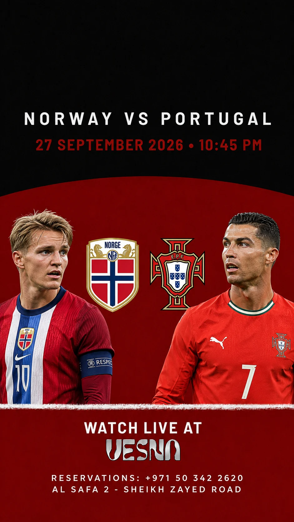 Norway vs Portugal screening at Vesna in Dubai on 2026-09-27 at 22:45.