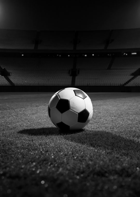 A football on floodlit stadium grass at night