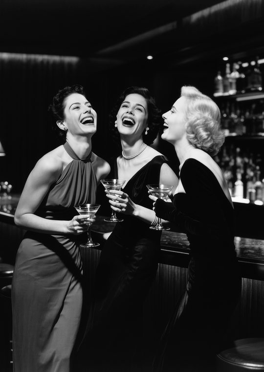 Three women laughing together at a lounge bar